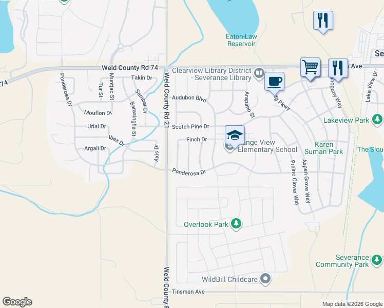 map of restaurants, bars, coffee shops, grocery stores, and more near 35520 County Road 21 in Windsor