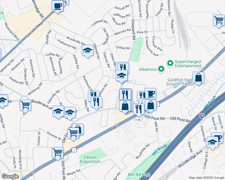 map of restaurants, bars, coffee shops, grocery stores, and more near 8 Magee Road in Edison