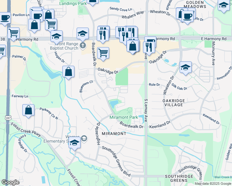 map of restaurants, bars, coffee shops, grocery stores, and more near 4900 East Boardwalk Drive in Fort Collins