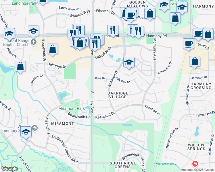 map of restaurants, bars, coffee shops, grocery stores, and more near 1243 Oak Island Court in Fort Collins