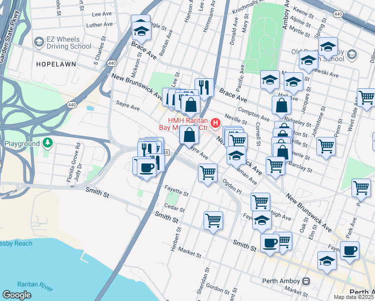 map of restaurants, bars, coffee shops, grocery stores, and more near 546 Sayre Avenue in Perth Amboy