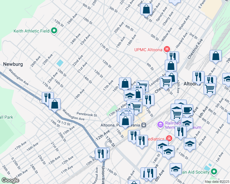 map of restaurants, bars, coffee shops, grocery stores, and more near 1510 13th Street in Altoona