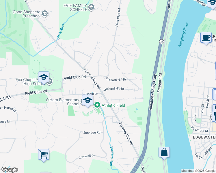 map of restaurants, bars, coffee shops, grocery stores, and more near 607 Orchard Hill Drive in Pittsburgh