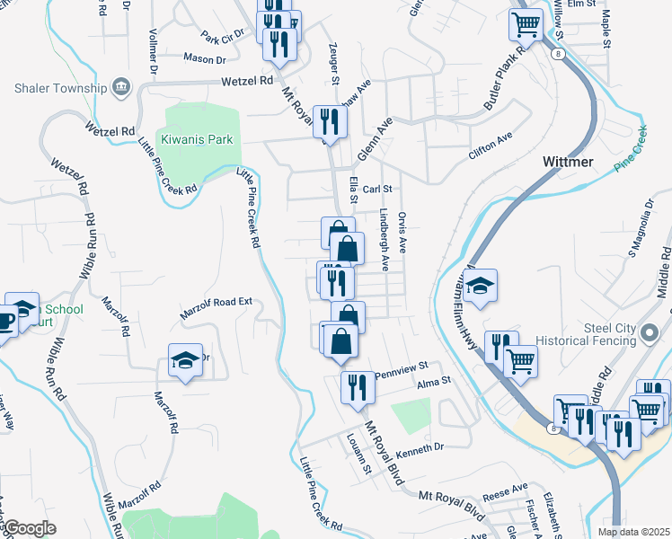 map of restaurants, bars, coffee shops, grocery stores, and more near 1107 Mount Royal Boulevard in Pittsburgh