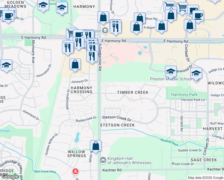 map of restaurants, bars, coffee shops, grocery stores, and more near 2206 Timber Creek Drive in Fort Collins