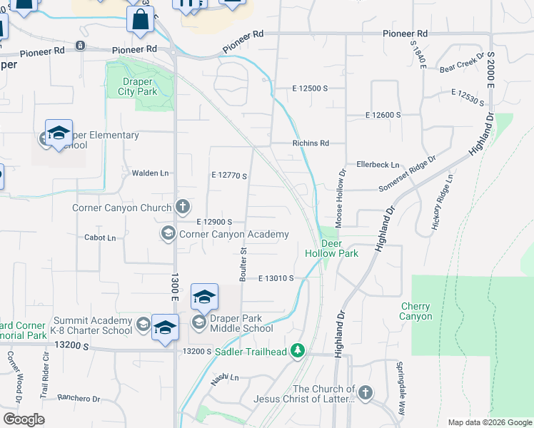 map of restaurants, bars, coffee shops, grocery stores, and more near 1511 Winter Glen Lane in Draper