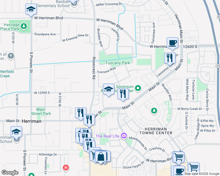map of restaurants, bars, coffee shops, grocery stores, and more near 5461 Venetia Street in Herriman