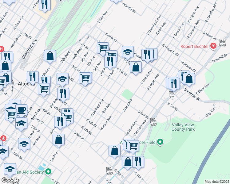 map of restaurants, bars, coffee shops, grocery stores, and more near 224-26 Bell Avenue in Altoona
