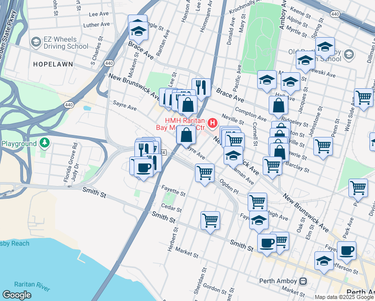 map of restaurants, bars, coffee shops, grocery stores, and more near 546 Sayre Avenue in Perth Amboy