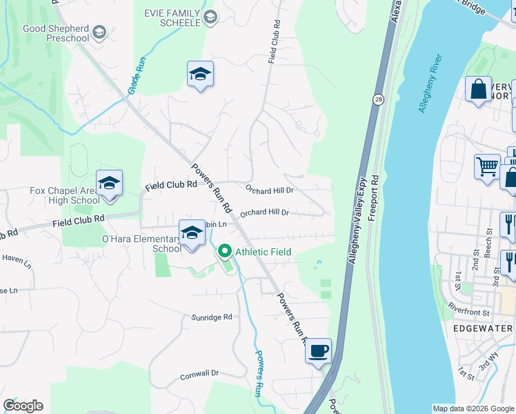 map of restaurants, bars, coffee shops, grocery stores, and more near 607 Orchard Hill Drive in Pittsburgh