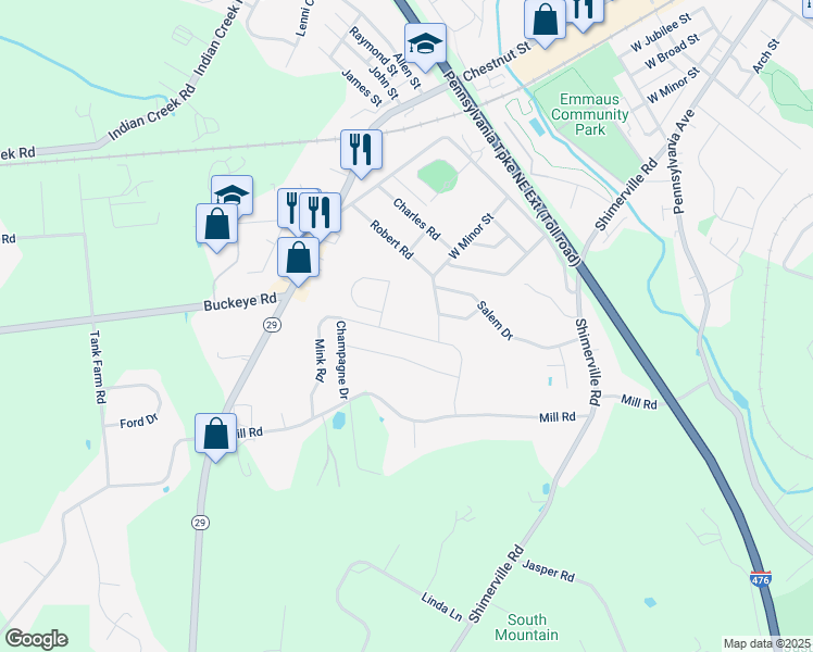 map of restaurants, bars, coffee shops, grocery stores, and more near 4000 Mink Road in Emmaus