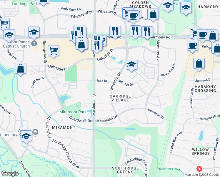 map of restaurants, bars, coffee shops, grocery stores, and more near 1243 Oak Island Court in Fort Collins