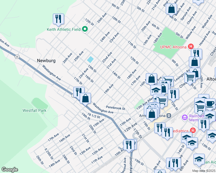 map of restaurants, bars, coffee shops, grocery stores, and more near 1511 20th Avenue in Altoona