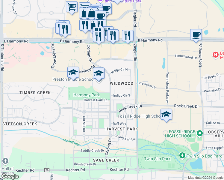 map of restaurants, bars, coffee shops, grocery stores, and more near 5009 Rose Court in Fort Collins