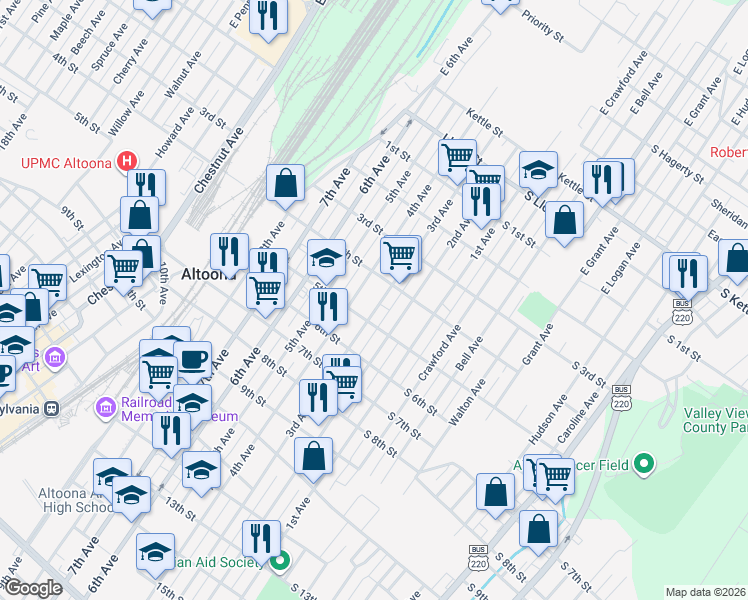 map of restaurants, bars, coffee shops, grocery stores, and more near 407 3rd Avenue in Altoona
