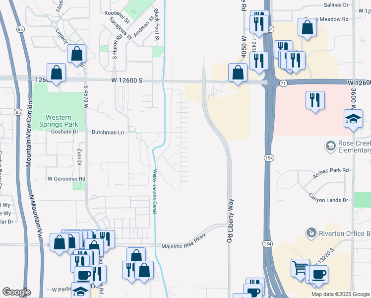 map of restaurants, bars, coffee shops, grocery stores, and more near 4216 West Gunlock Park Court in Riverton