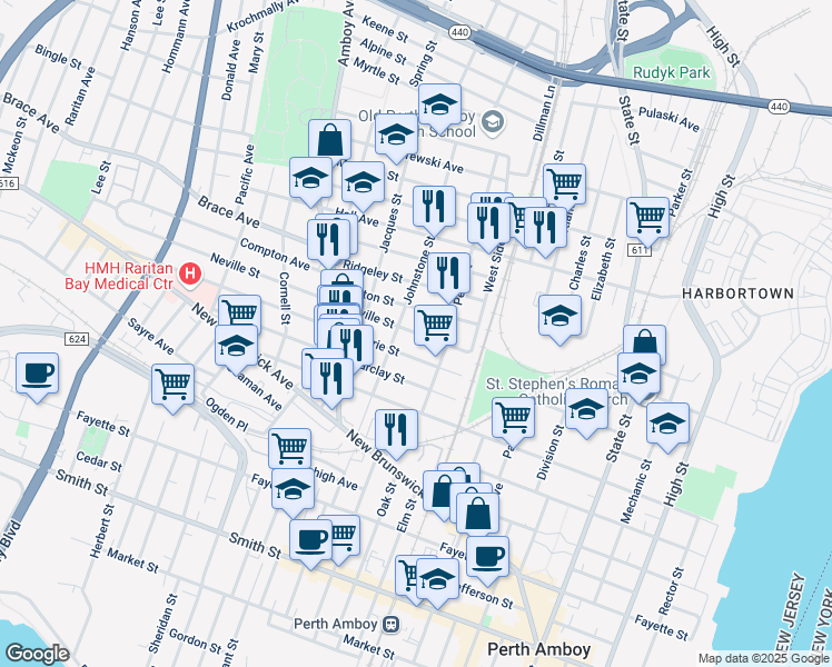 map of restaurants, bars, coffee shops, grocery stores, and more near 308 Neville Street in Perth Amboy