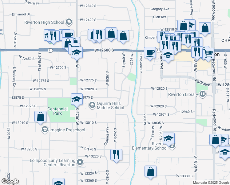 map of restaurants, bars, coffee shops, grocery stores, and more near 2421 West 12835 South in Riverton