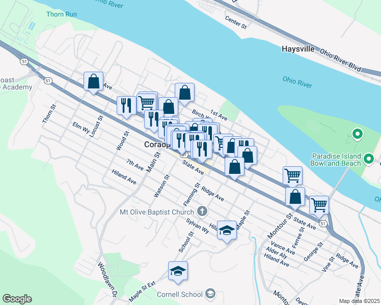 map of restaurants, bars, coffee shops, grocery stores, and more near 422 Mill Street in Coraopolis