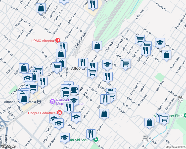 map of restaurants, bars, coffee shops, grocery stores, and more near 522 6th Avenue in Altoona