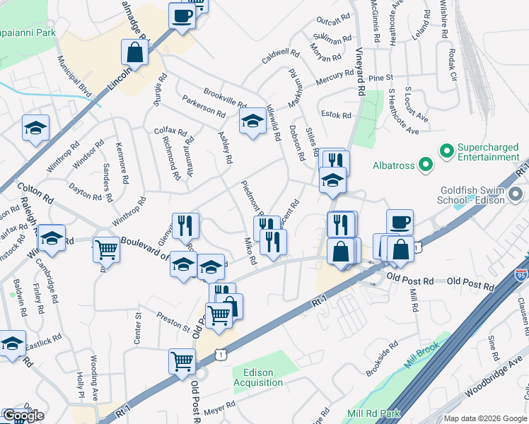 map of restaurants, bars, coffee shops, grocery stores, and more near 8 Piedmont Road in Edison