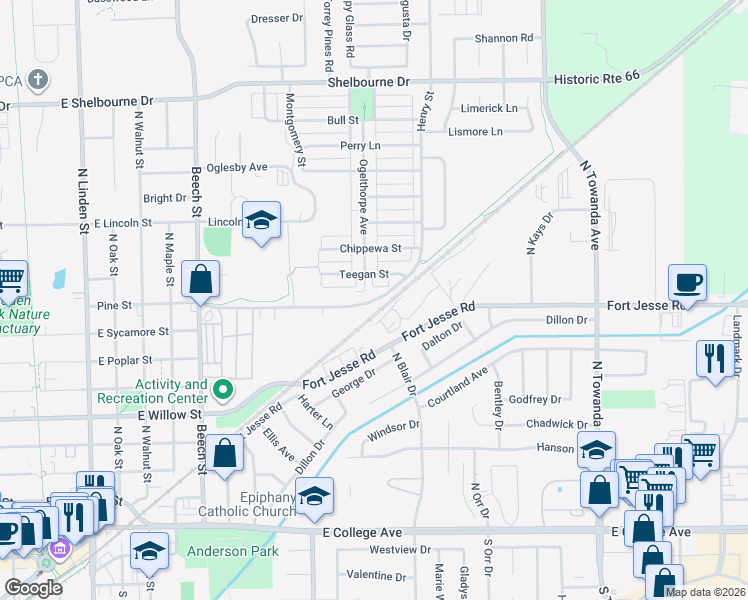 map of restaurants, bars, coffee shops, grocery stores, and more near 756 Pine Street in Normal