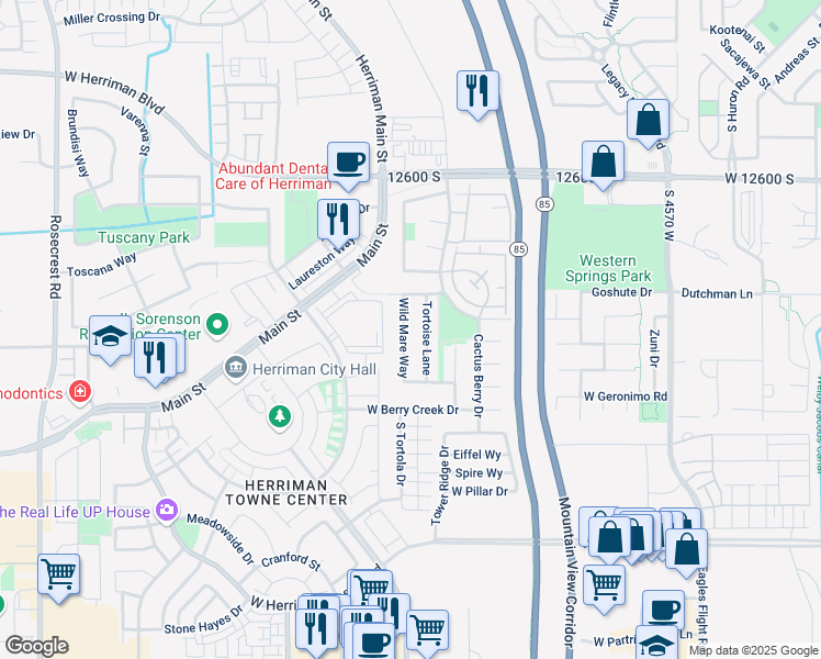 map of restaurants, bars, coffee shops, grocery stores, and more near 12851 Wild Mare Way in Riverton