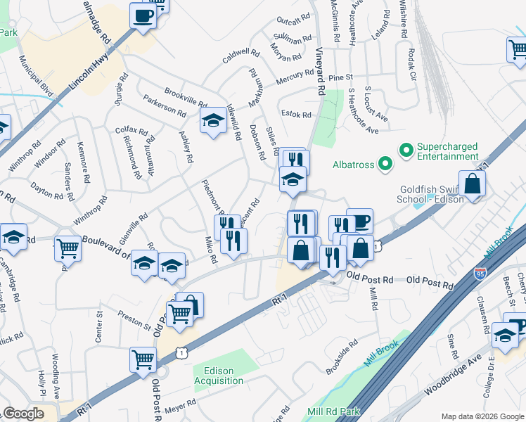map of restaurants, bars, coffee shops, grocery stores, and more near 8 Magee Road in Edison