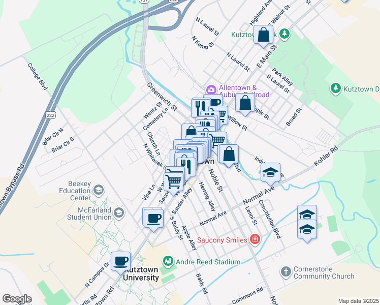 map of restaurants, bars, coffee shops, grocery stores, and more near 200 West Walnut Street in Kutztown