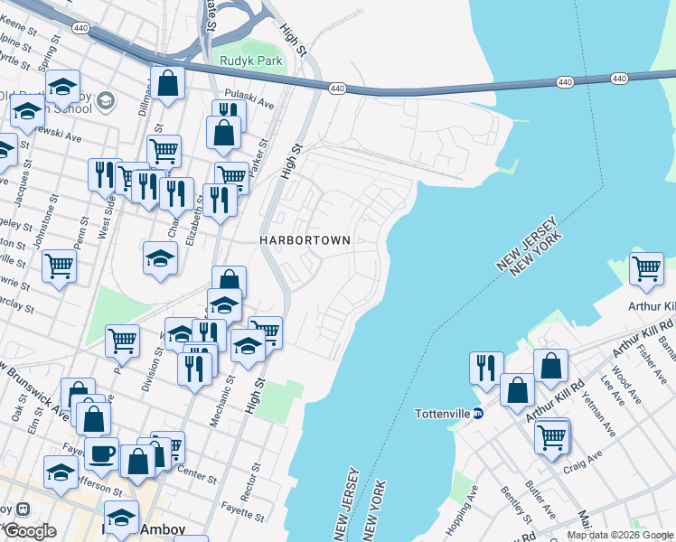 map of restaurants, bars, coffee shops, grocery stores, and more near 594 Great Beds Court in Perth Amboy