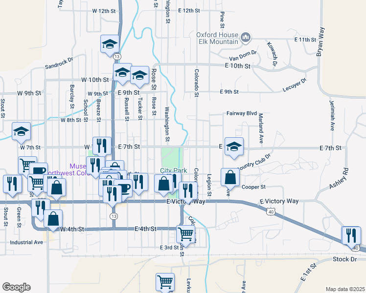 map of restaurants, bars, coffee shops, grocery stores, and more near 523 East 7th Street in Craig