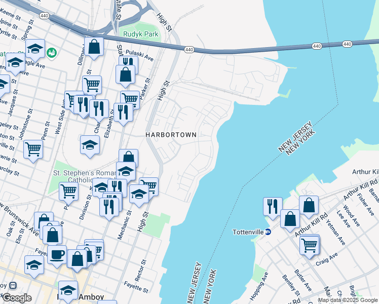 map of restaurants, bars, coffee shops, grocery stores, and more near 594 Great Beds Court in Perth Amboy