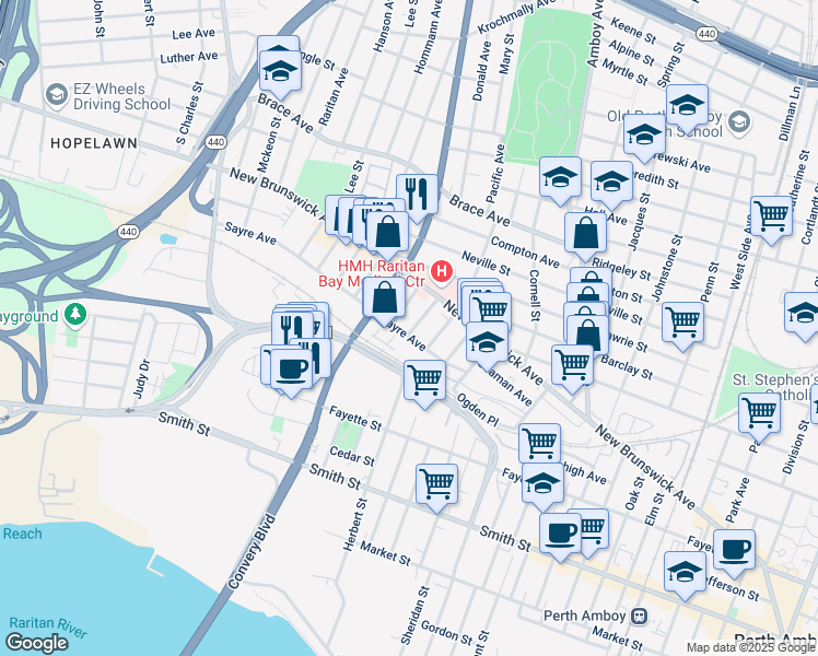map of restaurants, bars, coffee shops, grocery stores, and more near 546 Sayre Avenue in Perth Amboy