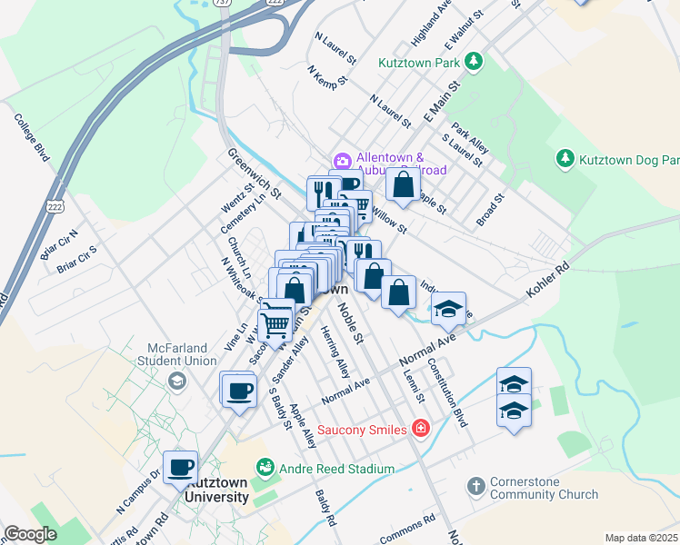 map of restaurants, bars, coffee shops, grocery stores, and more near in Kutztown
