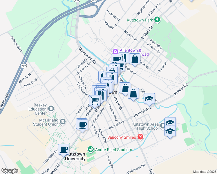 map of restaurants, bars, coffee shops, grocery stores, and more near in Kutztown