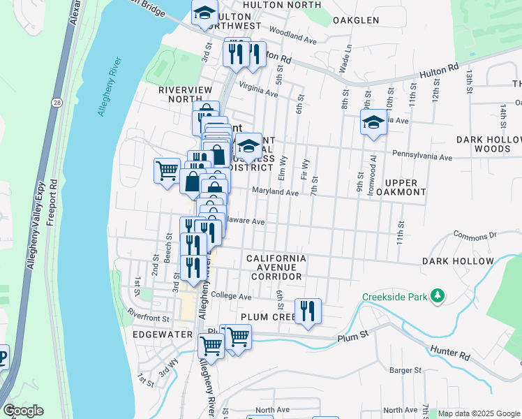 map of restaurants, bars, coffee shops, grocery stores, and more near 526 5th Street in Oakmont