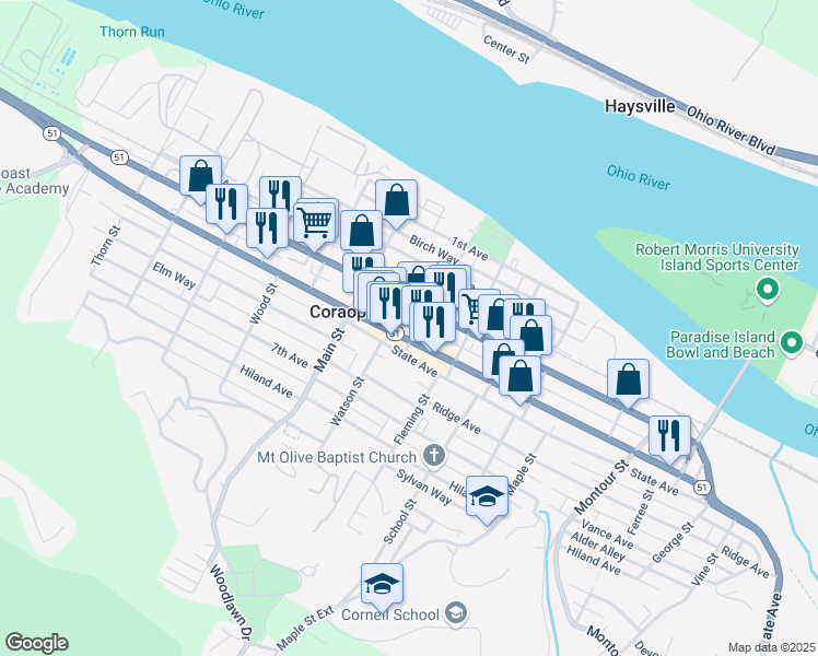 map of restaurants, bars, coffee shops, grocery stores, and more near 420 Mill Street in Coraopolis