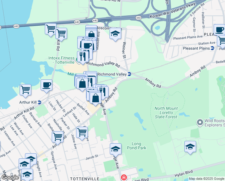 map of restaurants, bars, coffee shops, grocery stores, and more near 6901 Amboy Road in Staten Island