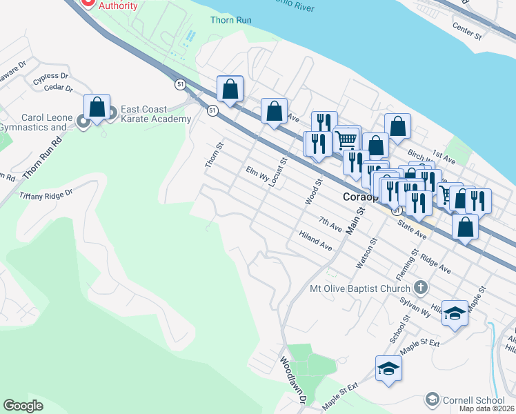 map of restaurants, bars, coffee shops, grocery stores, and more near 645 Hiland Avenue in Coraopolis