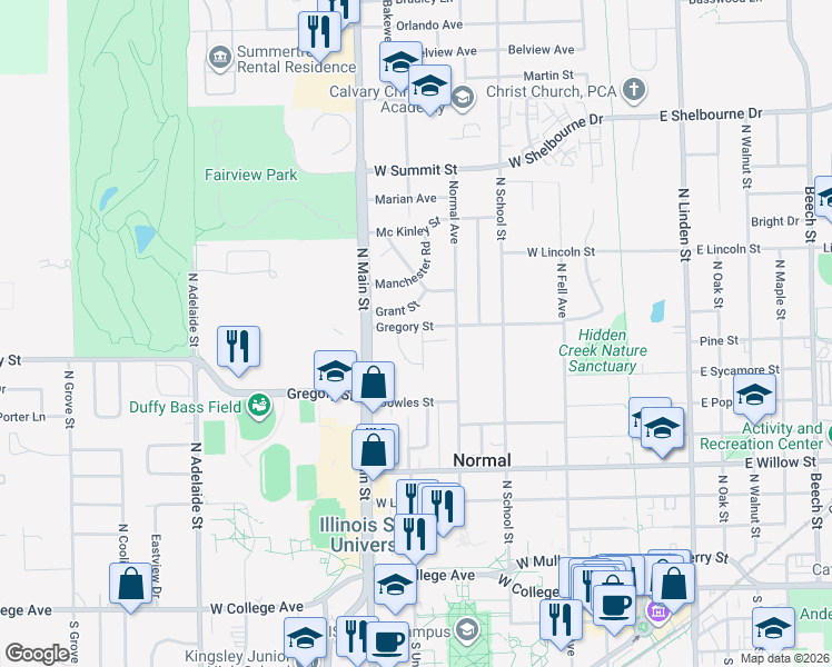 map of restaurants, bars, coffee shops, grocery stores, and more near 1 Reynolds Court in Normal