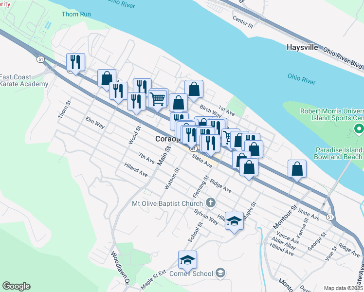 map of restaurants, bars, coffee shops, grocery stores, and more near 918 5th Avenue in Coraopolis