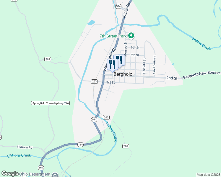 map of restaurants, bars, coffee shops, grocery stores, and more near 1005 Jefferson Street in Bergholz