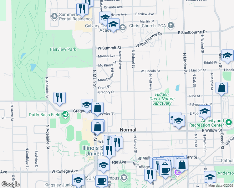 map of restaurants, bars, coffee shops, grocery stores, and more near 621 Normal Avenue in Normal