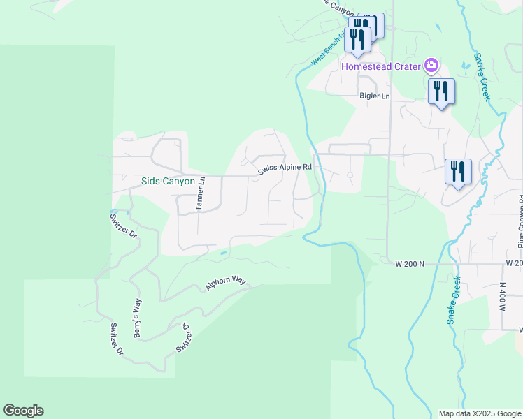 map of restaurants, bars, coffee shops, grocery stores, and more near 299 North 1080 W Alpenhof Court in Midway