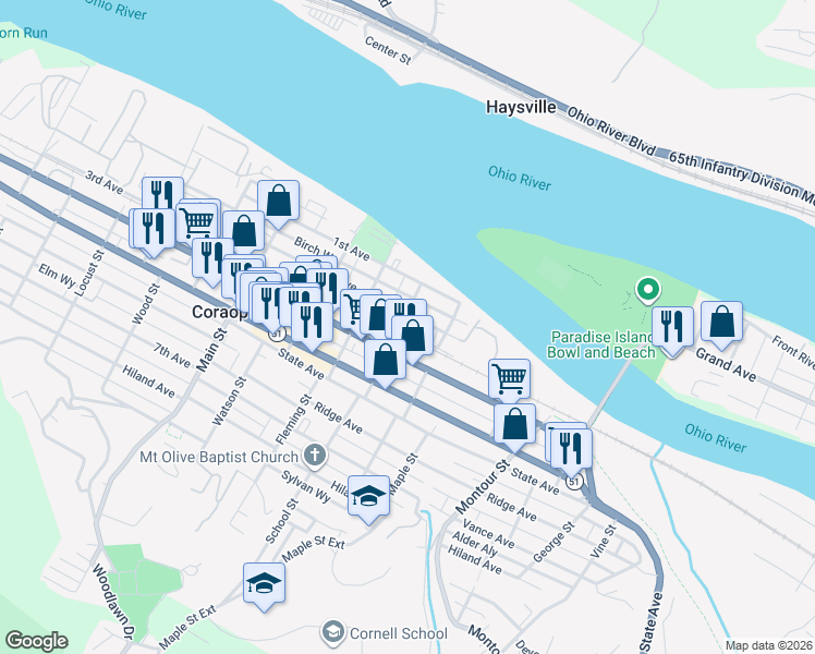 map of restaurants, bars, coffee shops, grocery stores, and more near 207 Broadway Street in Coraopolis