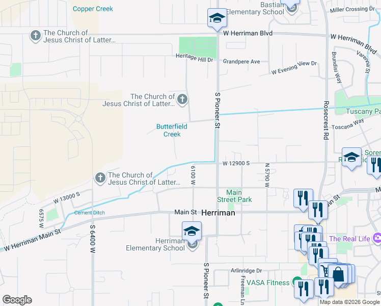 map of restaurants, bars, coffee shops, grocery stores, and more near 12842 South Bigwig Drive in Herriman