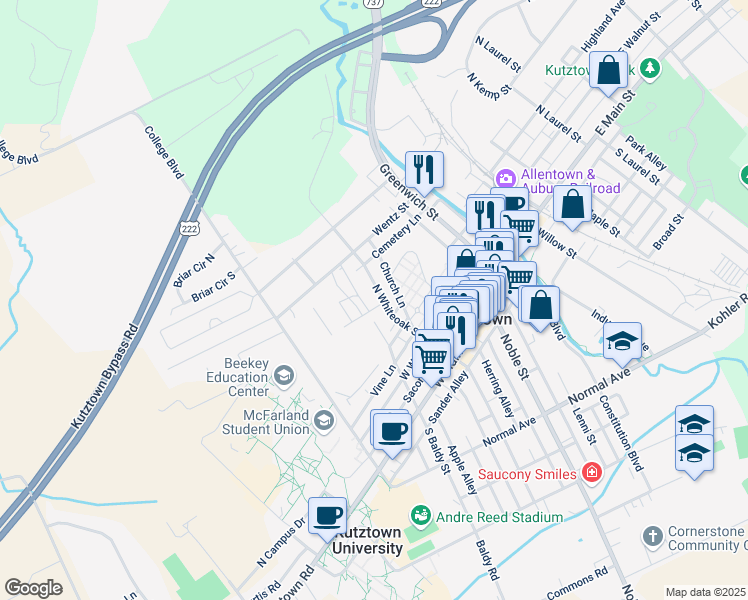 map of restaurants, bars, coffee shops, grocery stores, and more near 231 North Whiteoak Street in Kutztown