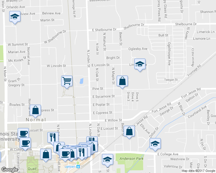 map of restaurants, bars, coffee shops, grocery stores, and more near 900 North Walnut Street in Normal