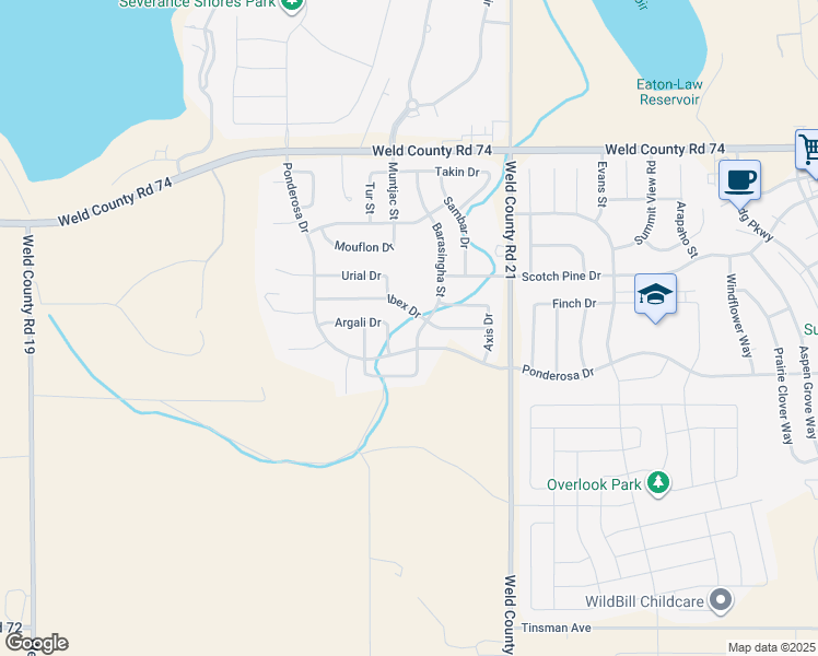 map of restaurants, bars, coffee shops, grocery stores, and more near 949 Barasingha Street in Severance