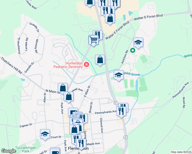 map of restaurants, bars, coffee shops, grocery stores, and more near 67 East Main Street in Flemington